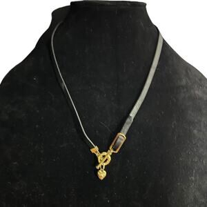 Adjustable Black Strap Choker with Gold-Tone Heart Pendant and Toggle Clasp